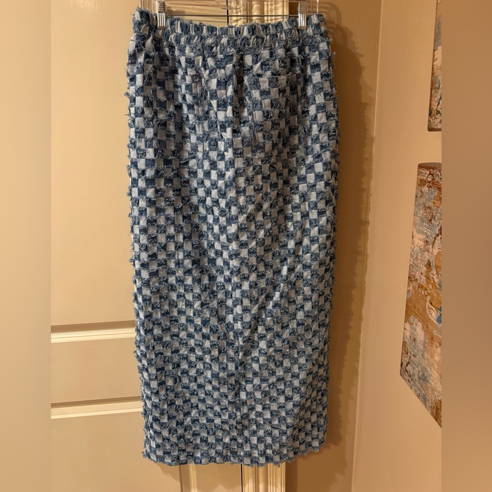 Blue Checkered Maxi Skirt with Side Slit - Picture 5 of 6